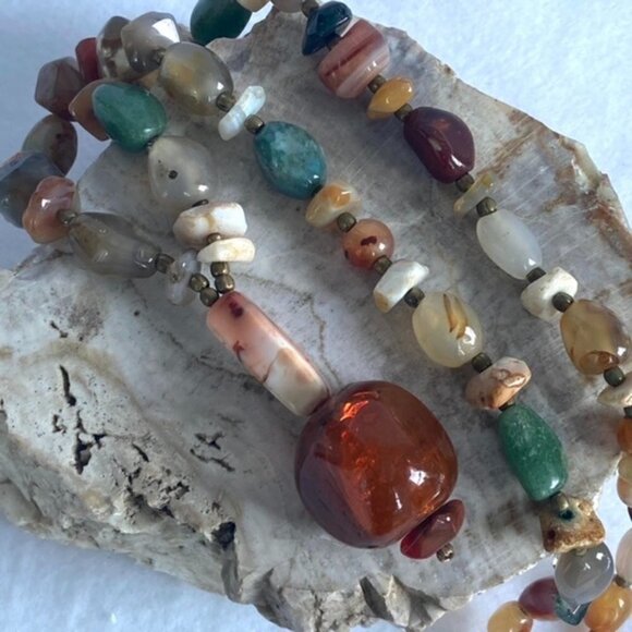 Artisan Natural Stone Beaded Boho 26" Boho Necklace Amber Colored Glass Pendant - Picture 2 of 16